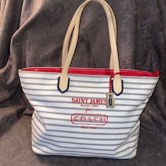 COACH SAINT JAMES Tote Nautical Stripe Weekend Beach Shoulder Bag Purse - Picture 1 of 16